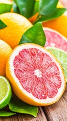 A colorful assortment of citrus fruits, including grapefruit and lime slices.