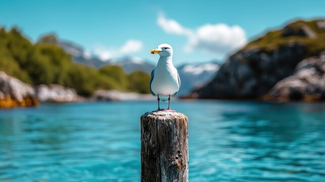 A seagull is peacefully perched on a wooden post in the middle of turquoise waters, surrounded by mountains, symbolizing solitude, peace, and harmony with nature.