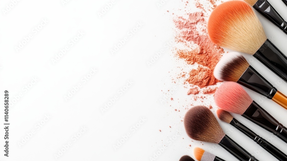 Poster a visually inviting arrangement of various makeup brushes placed on a white background with a splash