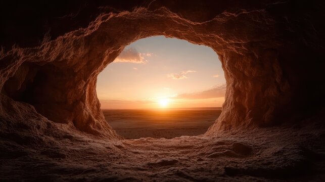 A breathtaking view from inside a cave overlooking a vast desert as the sun sets, creating a picturesque scene rich with warm, golden hues and natural beauty.