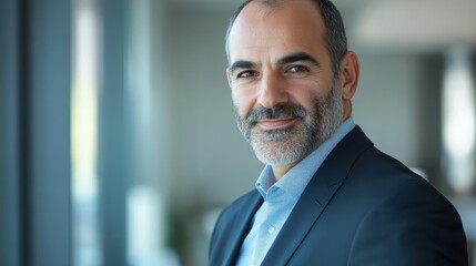 Fototapeta premium Close-up portrait of a well-groomed middle-aged man in a suit, with a pleasant expression, looking professional in an office setting.