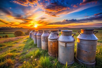 Rustic Landscape: Vintage Aluminum Milk Cans, Rural Scene, Countryside Photography, Old Farm, Sunset, Nostalgia