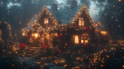 A glowing holiday house, twinkling garlands wrapping around the porch and windows, warm fairy lights illuminating the night, tranquil atmosphere, lush greenery and red bows accenting the scene,