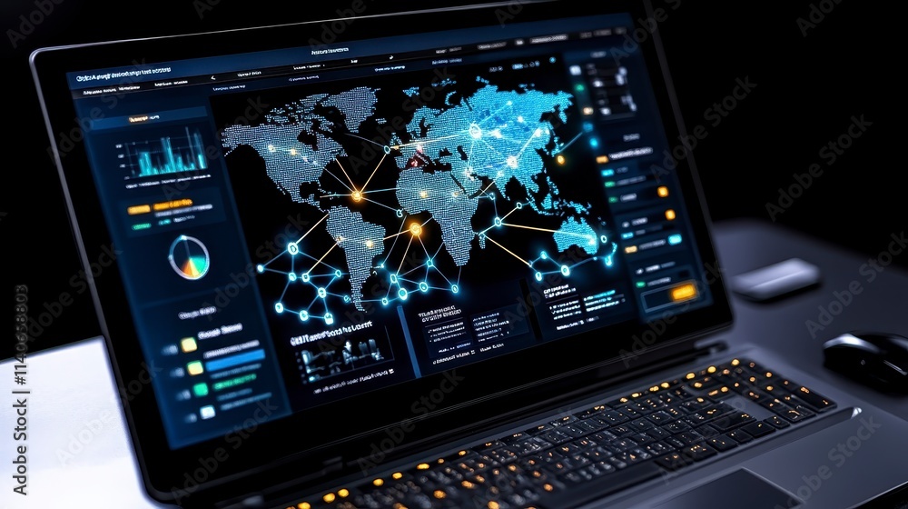 Poster a high-tech laptop displays a vibrant data visualization map of the world, featuring network connect