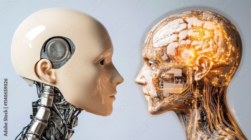 Poster a humanoid robot faces a digitally rendered brain, symbolizing the intersection of artificial intell