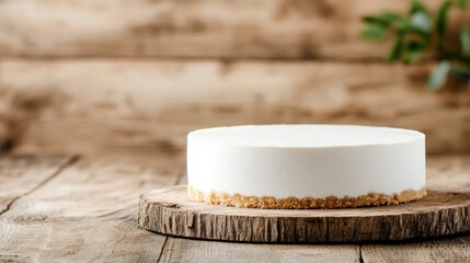 A simple, elegant cheesecake with a smooth white top and a crumbly base is delicately placed on a natural wooden board, capturing a rustic aesthetic charm.