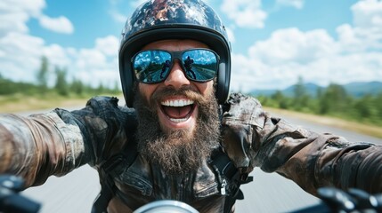 An exhilarated biker, with a wide grin and a leather jacket, enjoys the thrill of riding on an open road. His joy reveals a passion for exploration and freedom.