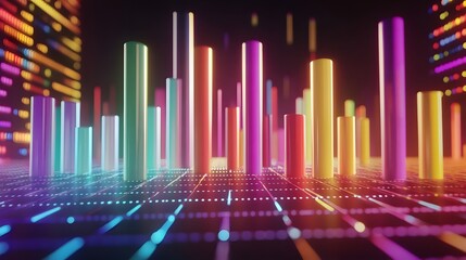 Bar chart with colorful bars rising from a digital graph