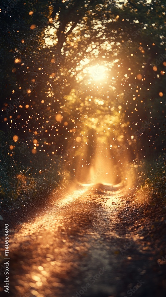 Poster a sunlit path through a forest, illuminated by warm light and floating particles.