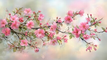 Obraz premium A delicate branch adorned with vibrant pink blossoms against a soft, dreamy background.