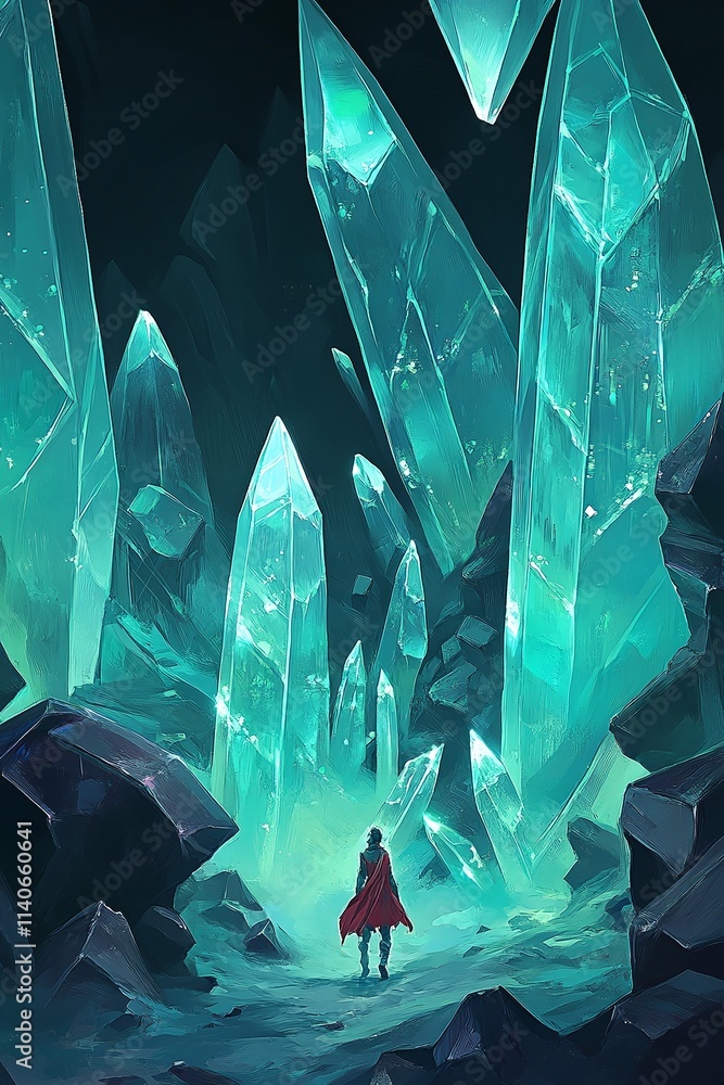Poster A wanderer walking through a field of glowing crystals each one pulsing faintly.