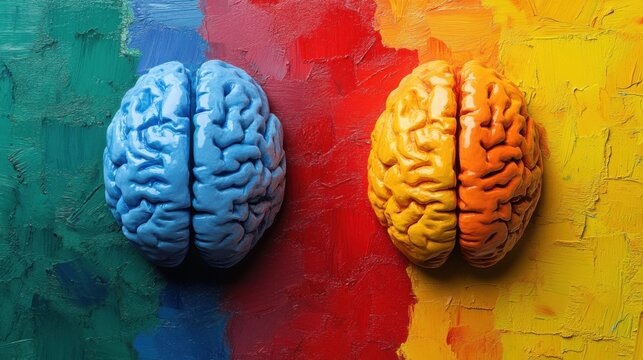 Yellow and Blue brain models on colorful background, Neurodiversity, mental problems, Bipolar disorder mind mental