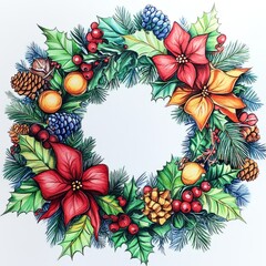 Fototapeta premium Colorful festive wreath with flowers and ornaments