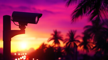 Surveillance camera at sunset with palm trees.