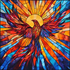 Obraz premium Stained glass phoenix rising with sun backdrop