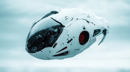 A sleek, futuristic white spacecraft flies through a cloudy sky, showcasing advanced technology and aerodynamic design, capturing the essence of sci-fi innovation.