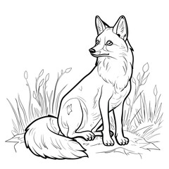 Vector illustration of a fox sitting among grass for children's coloring activities