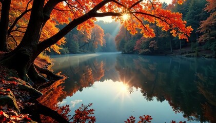 Reflection of autumn tree branches in the calm lake surface, leaves, nature