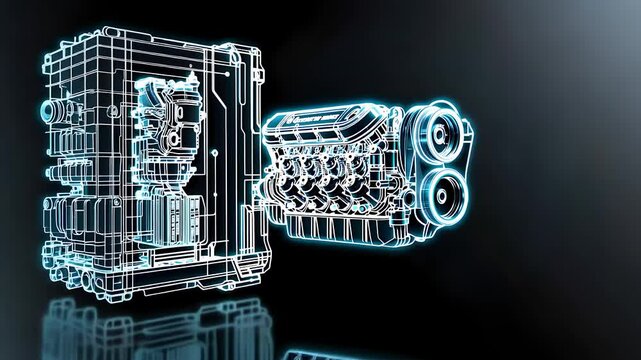 High-Tech Digital Blueprint of an Engine with Neon Highlights on a Dark Background

