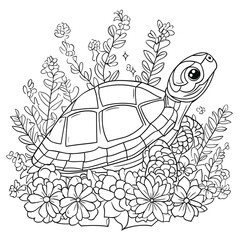 Cute turtle surrounded by flowers in a children's coloring book design for fun and creativity