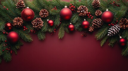 Fototapeta premium Christmas border made of fir branches, red baubles and pine cones on red background