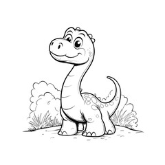 Cute cartoon dinosaur standing in a garden with bushes, smiling happily and inviting children to color and explore