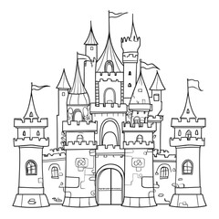 Fototapeta premium Cute vector castle design for children’s coloring activity featuring playful towers and flags