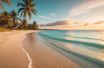 Serene tropical beach at sunset with palm trees.