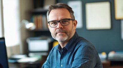 Obraz premium Middle-aged man in a creative director office, dressed in casual business attire, with a thoughtful expression, looking directly at the camera.