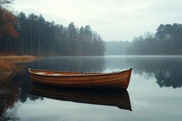 Old wooden boat floating on calm lake, reflection of trees in water, peaceful morning scene, Generative AI
