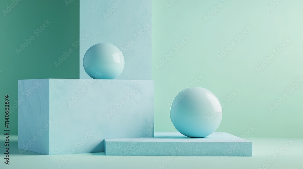 Poster soft teal shapes interact in a serene composition highlighting minimalism and elegance in design