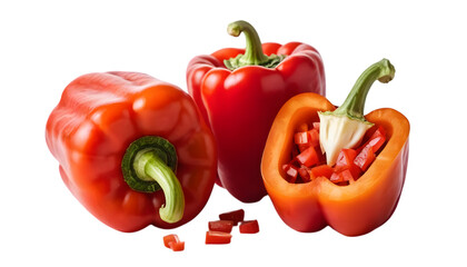 Isolated chopped red bell pepper pieces, arranged in a natural pattern on a white background, emphasizing their vibrant color and crisp edges.


