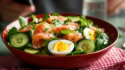 An appetizing and nutritious salad bowl, bursting with colorful slices of salmon, hard-boiled eggs, and cucumbers, nestled in a bed of green leafy vegetables.