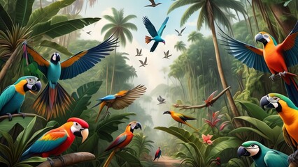 Vibrant parrots soaring in a lush jungle.