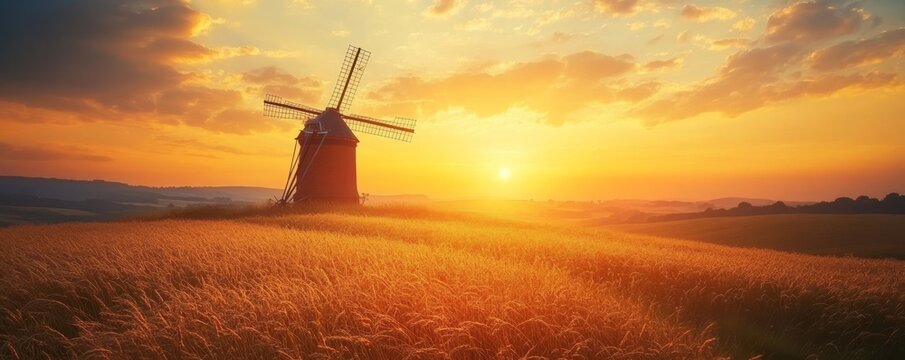 Windmill silhouette at sunset, golden light, countryside landscape, copy space, Generative AI
