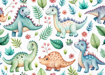 Scandinavian Dinosaur Baby Pattern: Watercolor Hand-Drawn Seamless Repeat for Kids Fabric & Wallpaper