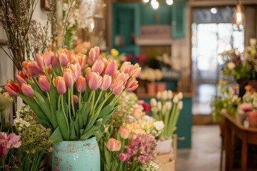 Vibrant Flower Display in a Charming Shop Interior