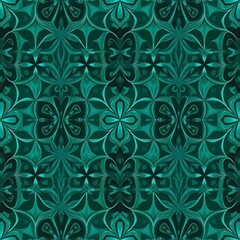 Teal Floral Tile Pattern: A seamless, repeating pattern of stylized teal flowers and leaves, creating a luxurious and elegant design. Perfect for backgrounds, textiles, and surface design. 