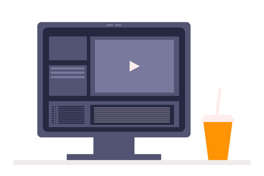 Modern computer screen illustration with open video player, animation program, and graphics. Perfect for online media, motion design, streaming, user interface, technology and digital content concepts