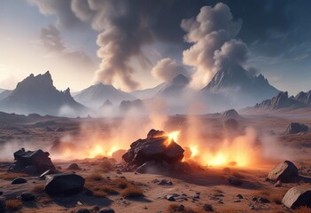 Fototapeta premium Smoke and mist swirling around objects in a desolate landscape, atmosphere, desolate, mist