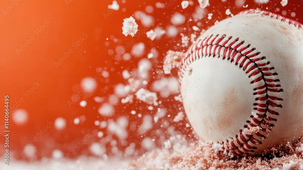 Poster a baseball is in the midst of collision with scattering particles, creating a dynamic scene of movem