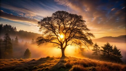 Fototapeta premium Scotland Forest Silhouette Photography: Majestic Trees, Dramatic Lighting, Mystical Atmosphere