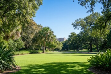 Fototapeta premium Serene Park Landscape with Lush Green Grass