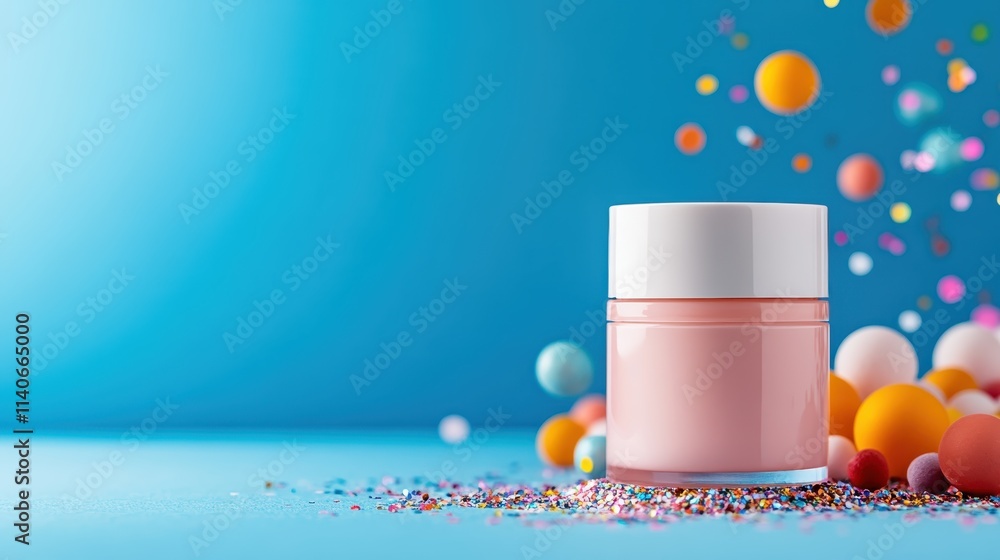Poster a pastel-colored jar is elegantly arranged with a multitude of colorful floating balls, evoking a se