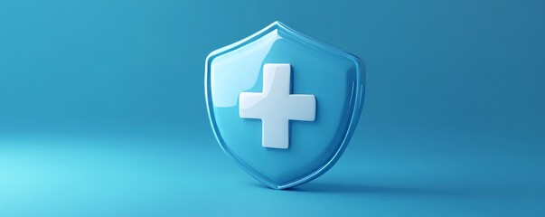 Obraz premium Blue shield protecting white cross symbolizing healthcare on blue background