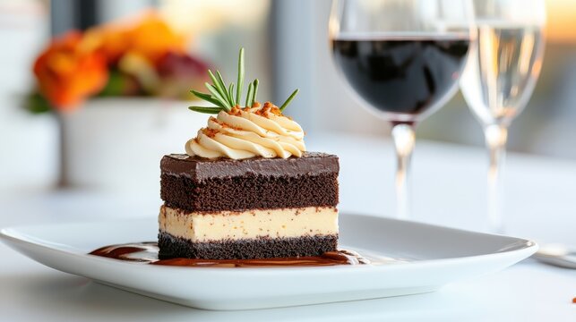 A square slice of layered chocolate and cream cake with sprigs of rosemary sits on a plate, surrounded by a glossy sauce, accompanied by glasses of wine in a cozy setup.