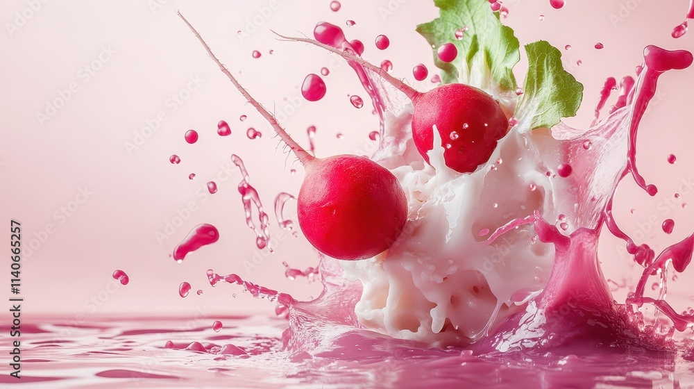 Poster vivid radishes splash into pink liquid with dramatic movement, creating a dynamic and colorful visua