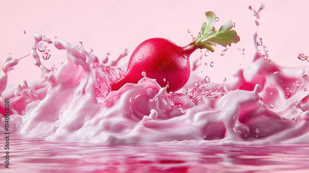 Poster a fresh radish dramatically splashes into vibrant pink milk, creating dynamic waves and droplets, sh