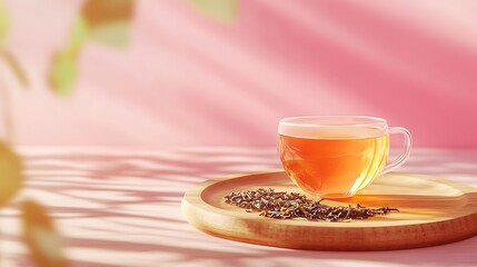 Cup or tea glass hot brew and dried tea leaves on a wooden plate placed on a wooden table on a pink background