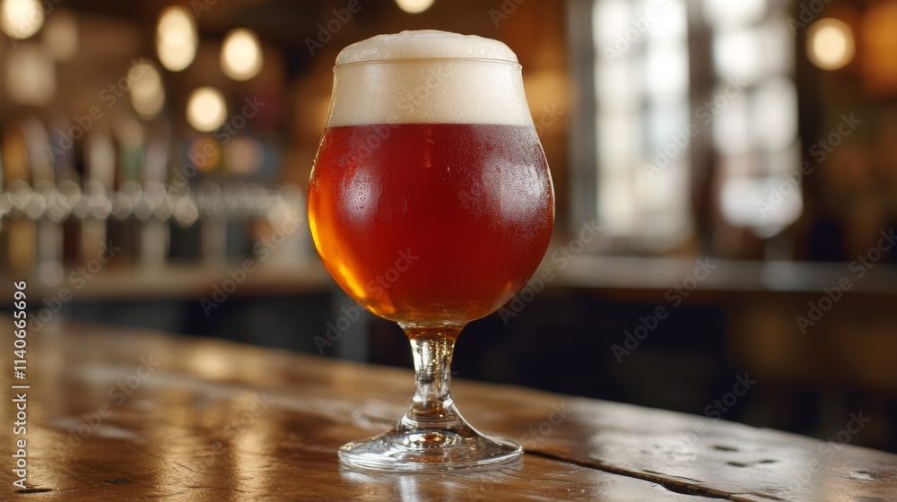 Poster glass of amber beer with foam on counter in rustic bar setting